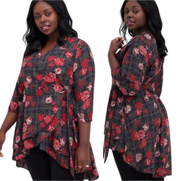 Torrid Women's‎ Plus Plaid Floral High Low Georgette Wrap Tunic Blouse Size 5 - Picture 1 of 14